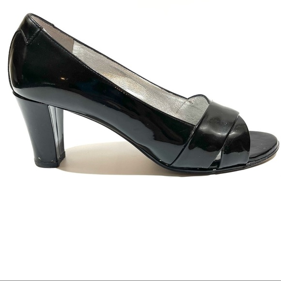 Taryn Rose Black Patent Open Toe Block Heels 36.5 - Picture 1 of 13